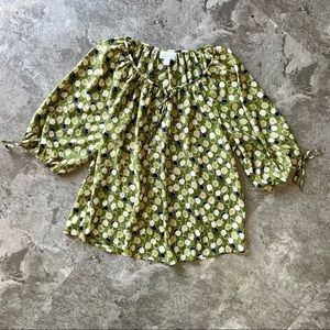 ANN TAYLOR LOFT Peasant Blouse Green Eucalyptus Floral Print with Ties